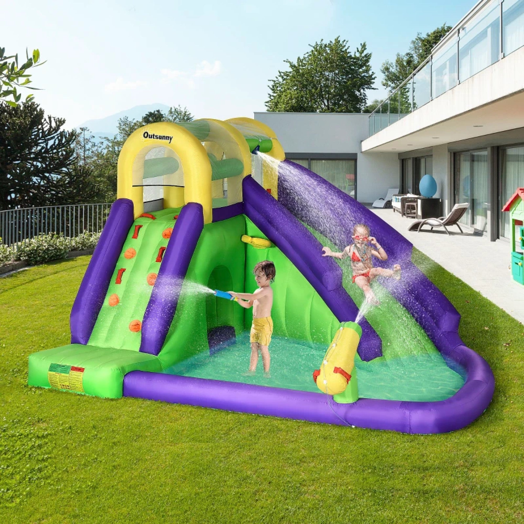 5-in-1 Inflatable Water Slide, Kids Castle Bounce House with Slide, Basketball, Pool, Water Cannon