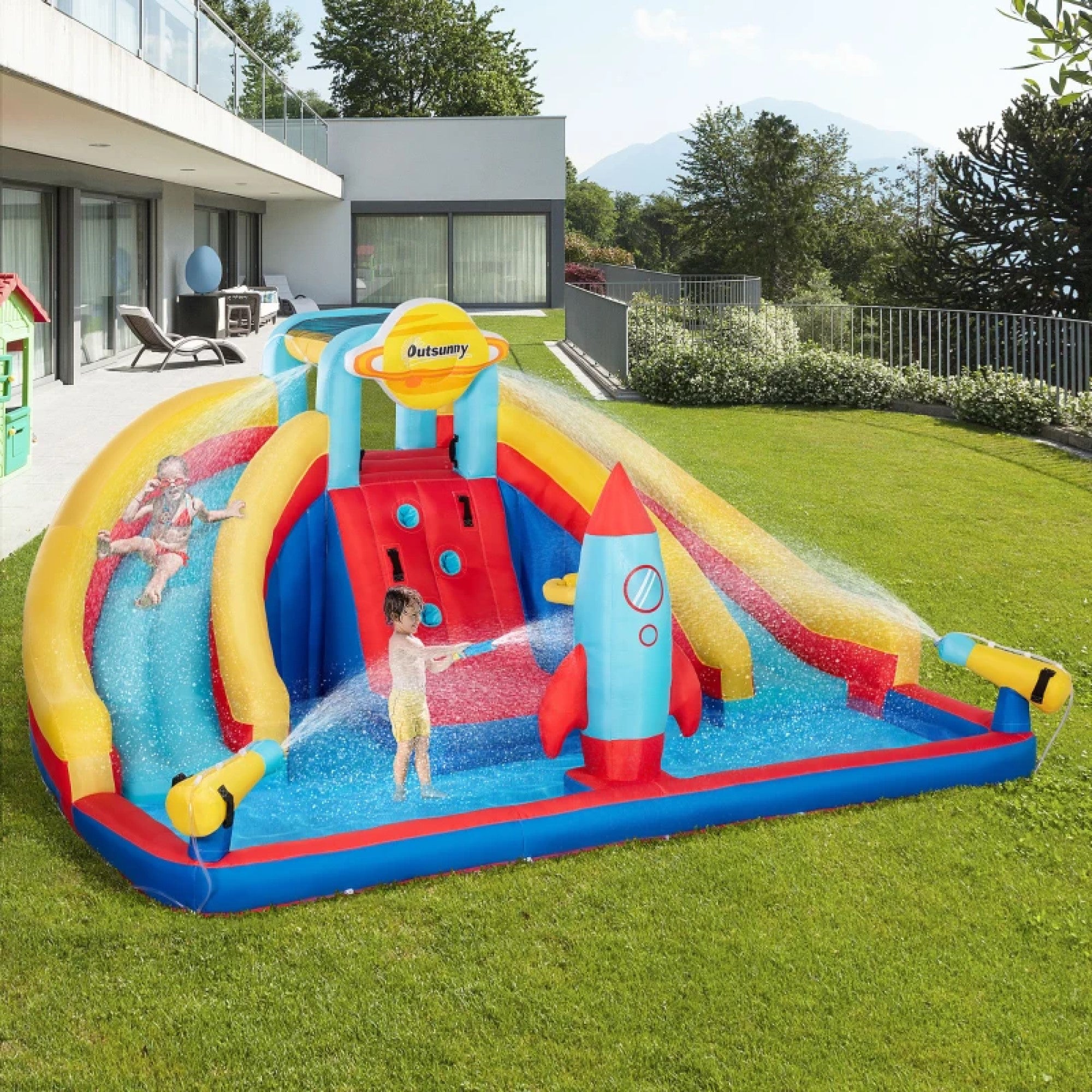 5-in-1 Inflatable Water Slide, Rocket Themed Kids Castle Bounce House with Slide Includes Carry Bag 750W Air Blower