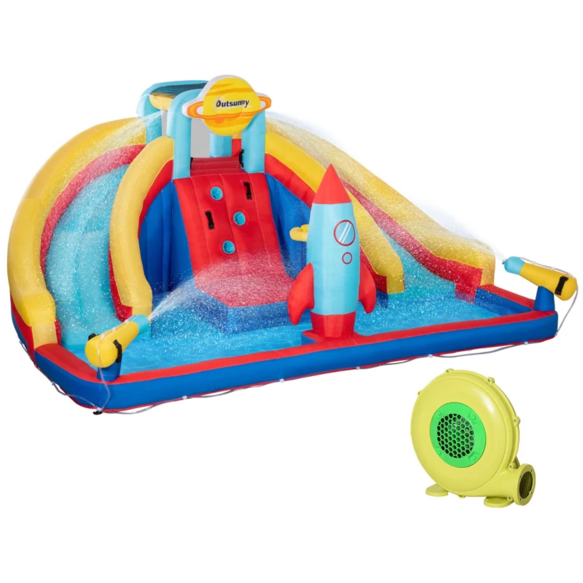 5-in-1 Inflatable Water Slide, Rocket Themed Kids Castle Bounce House with Slide Includes Carry Bag 750W Air Blower