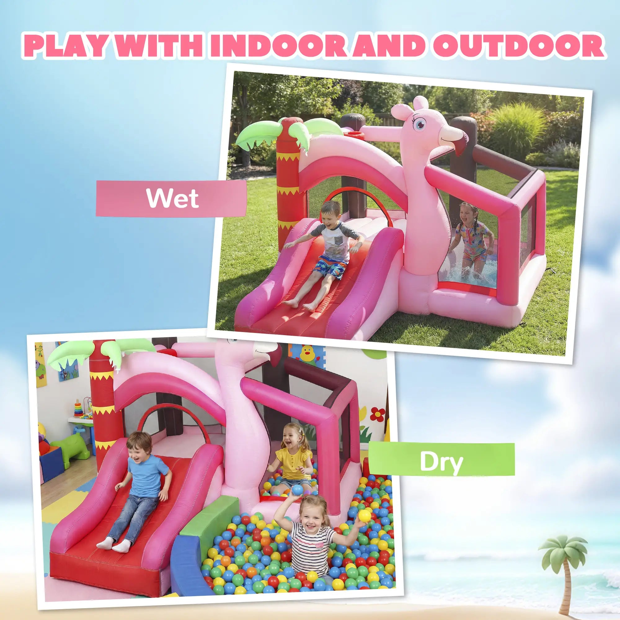 Inflatable play structure with slide and ball pit, shown wet and dry, on a blue sky background.