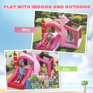 Inflatable play structure with slide and ball pit, shown wet and dry, on a blue sky background.