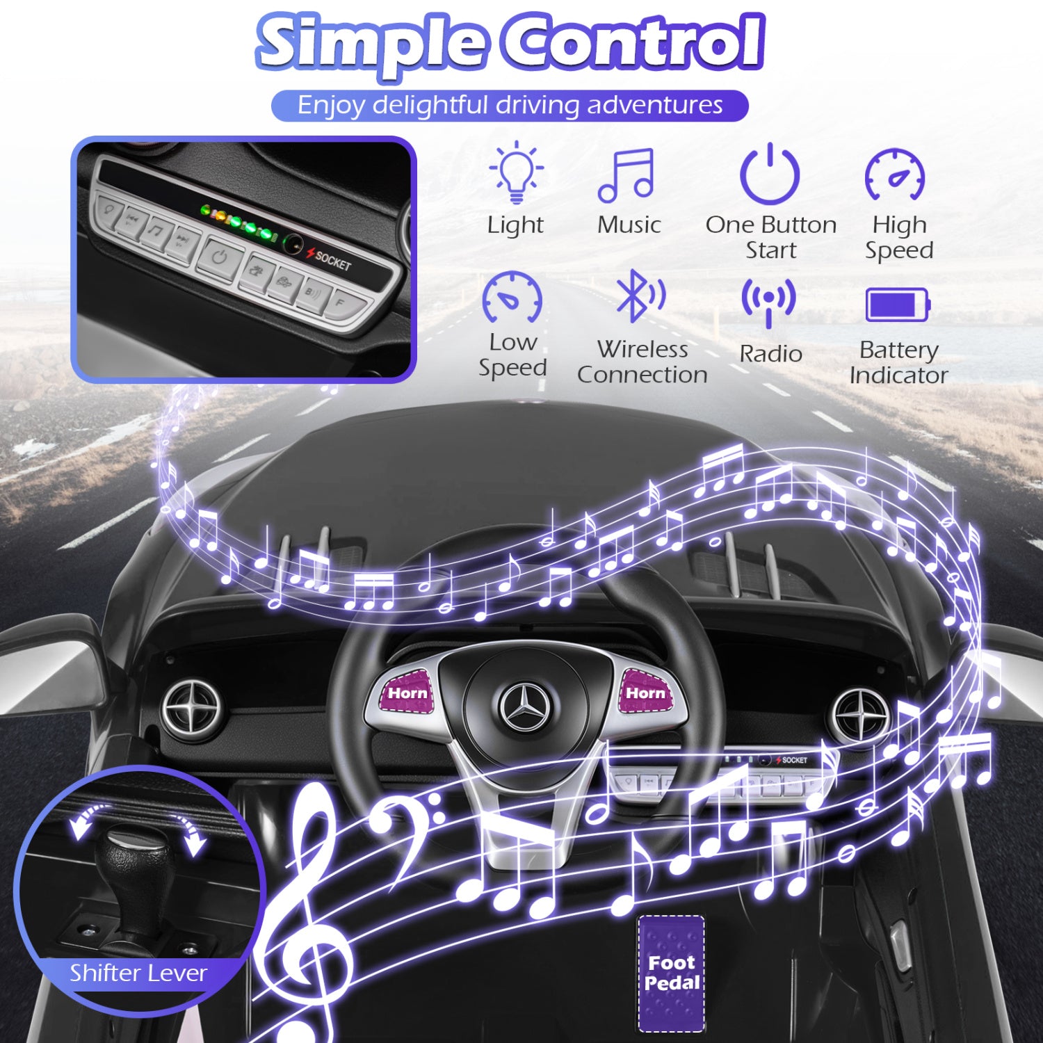 Car dashboard with LED strip lights and control panel, featuring music notes and a Mercedes-Benz logo.