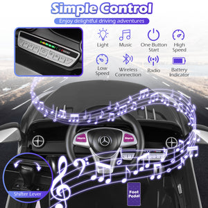 Car dashboard with LED strip lights and control panel, featuring music notes and a Mercedes-Benz logo.
