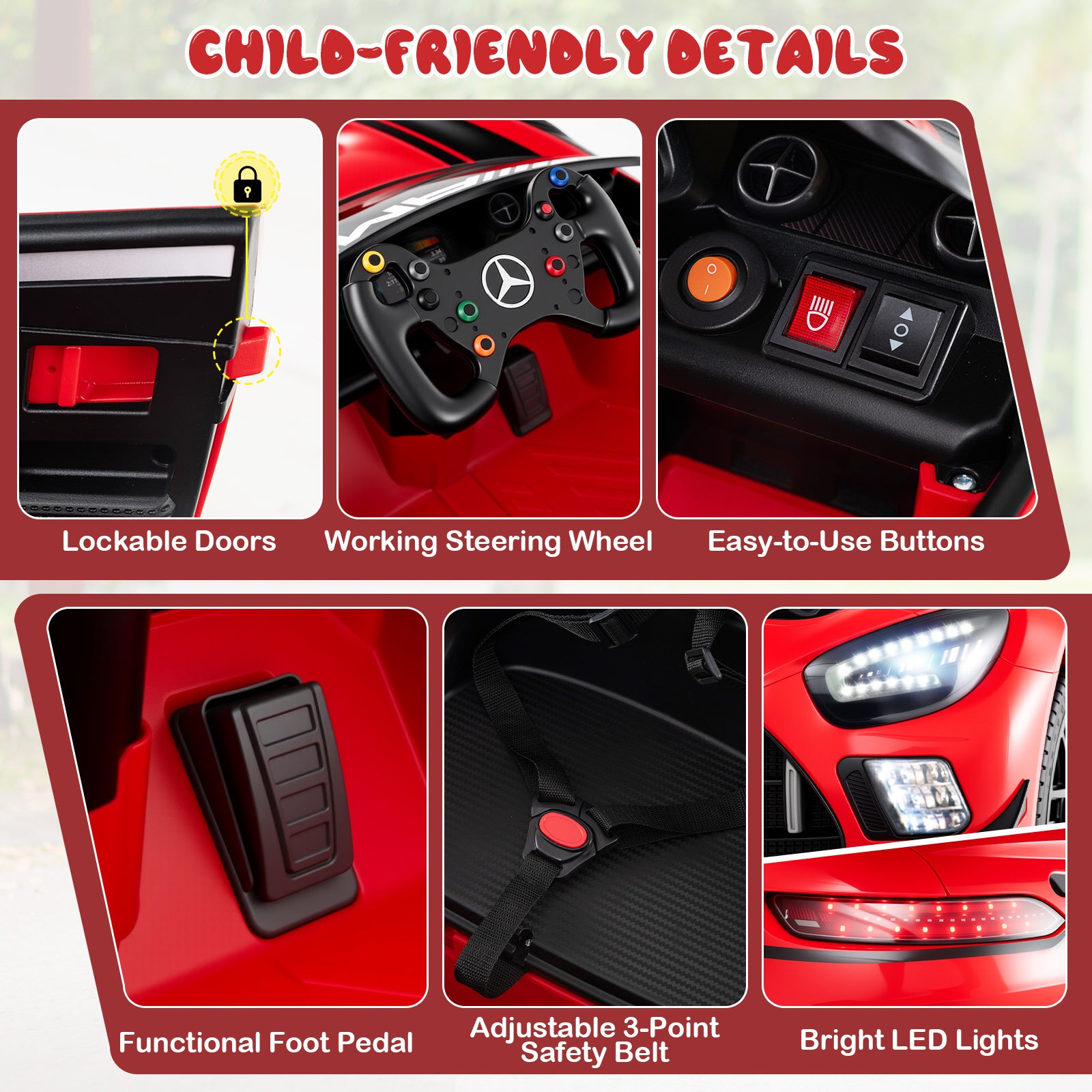 Child-friendly toy car features with lockable doors, steering wheel, buttons, foot pedal, safety belt, and LED lights.