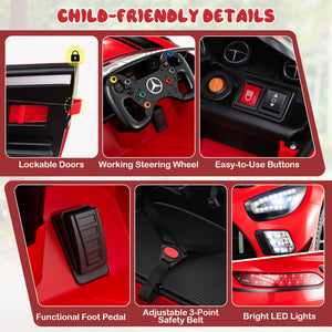 Child-friendly toy car features with lockable doors, steering wheel, buttons, foot pedal, safety belt, and LED lights.