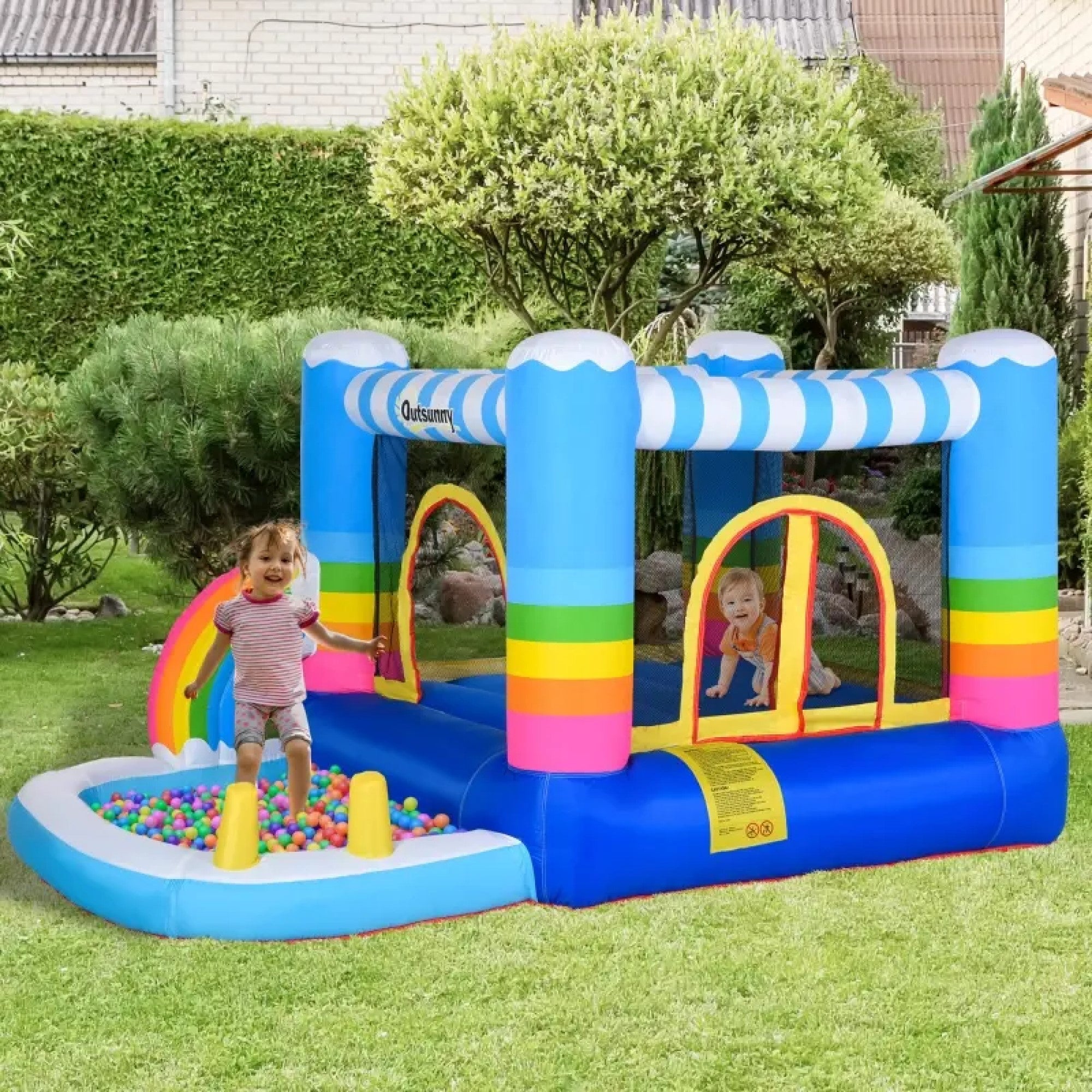 Jumping Castle Inflatable Bounce House with Trampoline, Storage Bag & Air Blower, Enough for 3 Kids