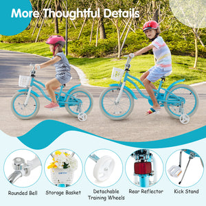 Two children riding blue bicycles with training wheels on a path with greenery.
