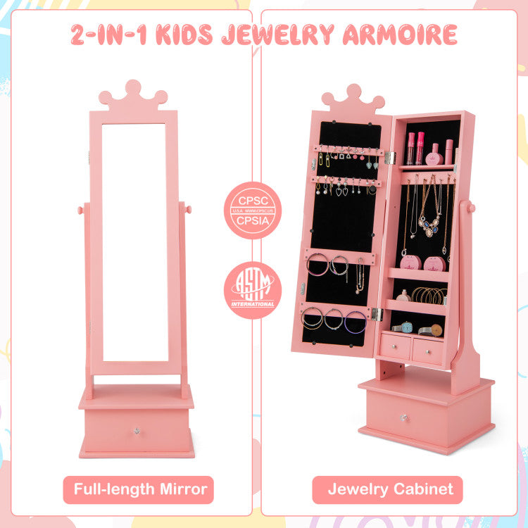 2-in-1 Kids Jewelry Armoire with Full-Length Mirror, Storage Drawers, and Play Space