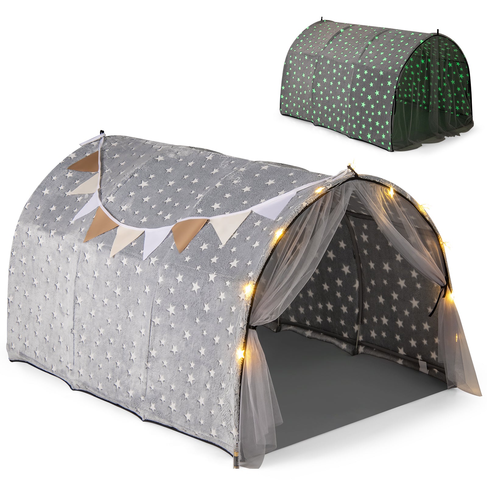 Children's play tent with star pattern and string lights on a white background