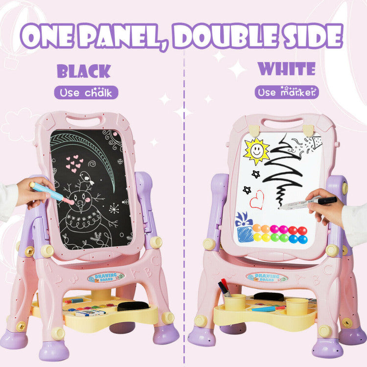 Kids Adjustable Height Double-Sided Magnetic Art Easel with Storage