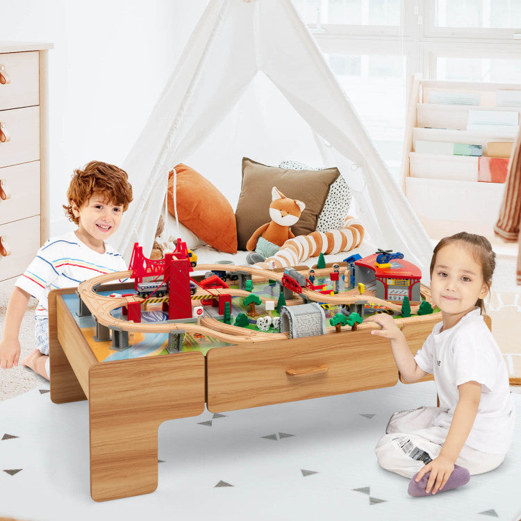 Kids Double-Sided Wooden Train Table Playset with Storage Drawer – 100-Piece Train Track Set, 2-in-1 Tabletop, Battery-Powered Locomotive, and Beech Wood Rails