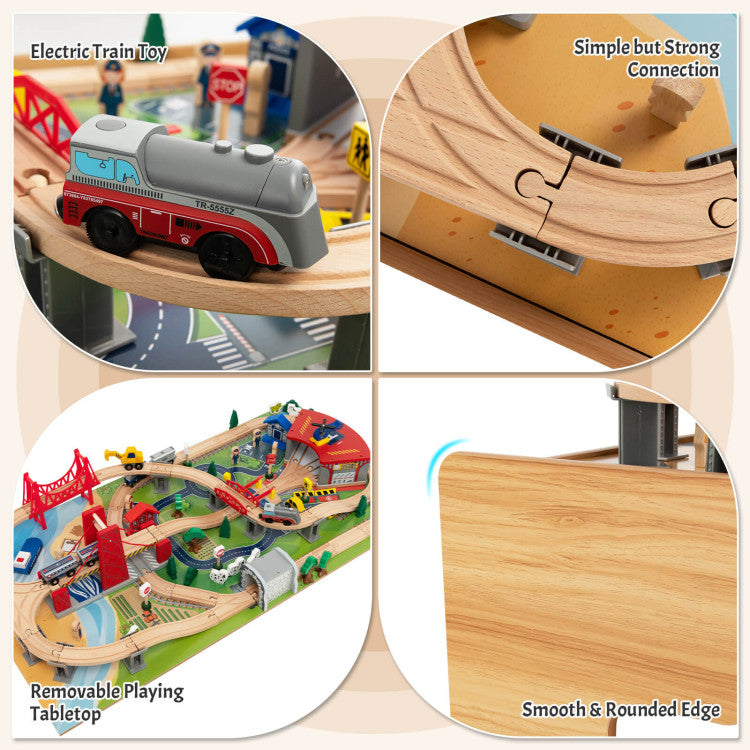 Kids Double-Sided Wooden Train Table Playset with Storage Drawer – 100-Piece Train Track Set, 2-in-1 Tabletop, Battery-Powered Locomotive, and Beech Wood Rails