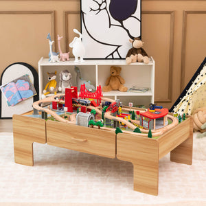 Kids Double-Sided Wooden Train Table Playset with Storage Drawer – 100-Piece Train Track Set, 2-in-1 Tabletop, Battery-Powered Locomotive, and Beech Wood Rails