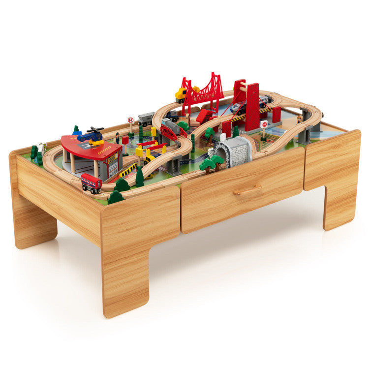 Kids Double-Sided Wooden Train Table Playset with Storage Drawer – 100-Piece Train Track Set, 2-in-1 Tabletop, Battery-Powered Locomotive, and Beech Wood Rails