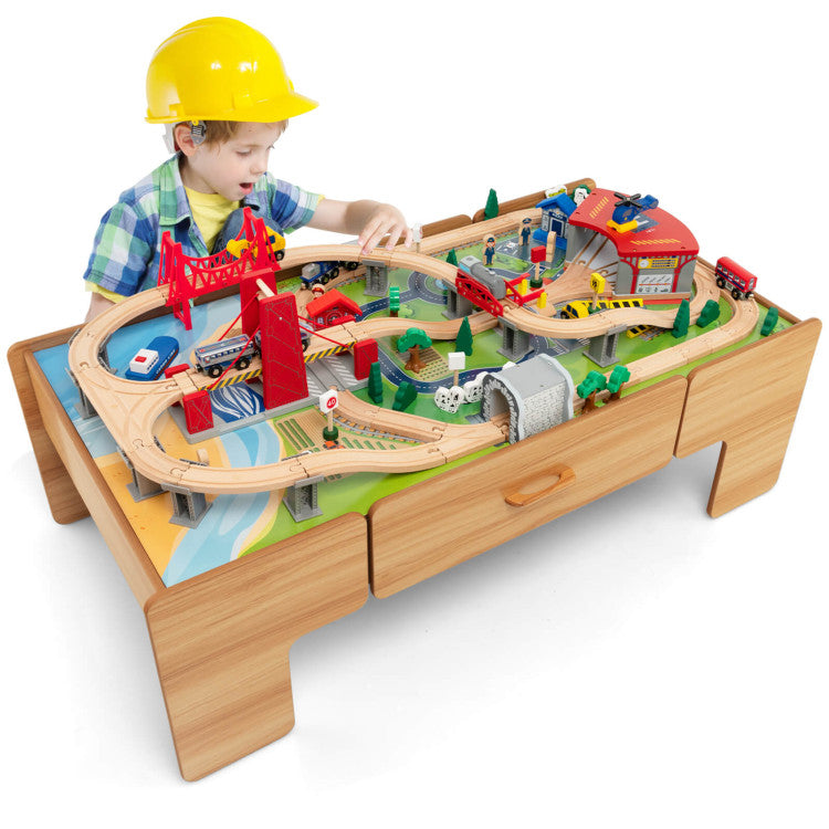 Kids Double-Sided Wooden Train Table Playset with Storage Drawer – 100-Piece Train Track Set, 2-in-1 Tabletop, Battery-Powered Locomotive, and Beech Wood Rails