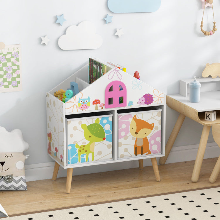 Kids House-Shaped Bookshelf with 2 Storage Bins for Kids' Room and Playroom Storage