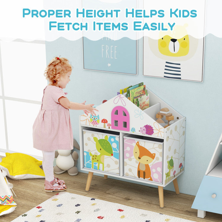 Kids House-Shaped Bookshelf with 2 Storage Bins for Kids' Room and Playroom Storage