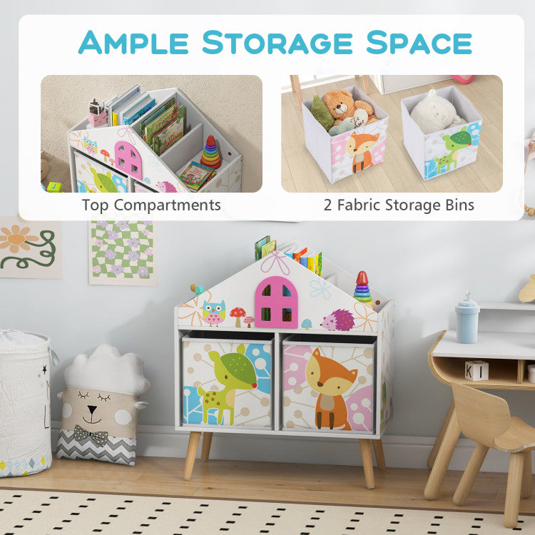 Kids House-Shaped Bookshelf with 2 Storage Bins for Kids' Room and Playroom Storage