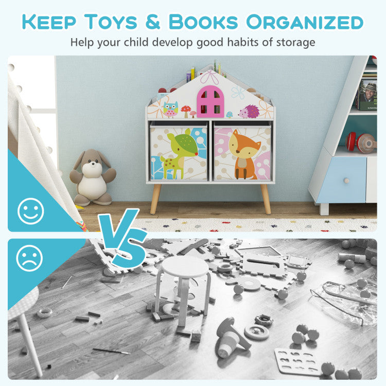 Kids House-Shaped Bookshelf with 2 Storage Bins for Kids' Room and Playroom Storage