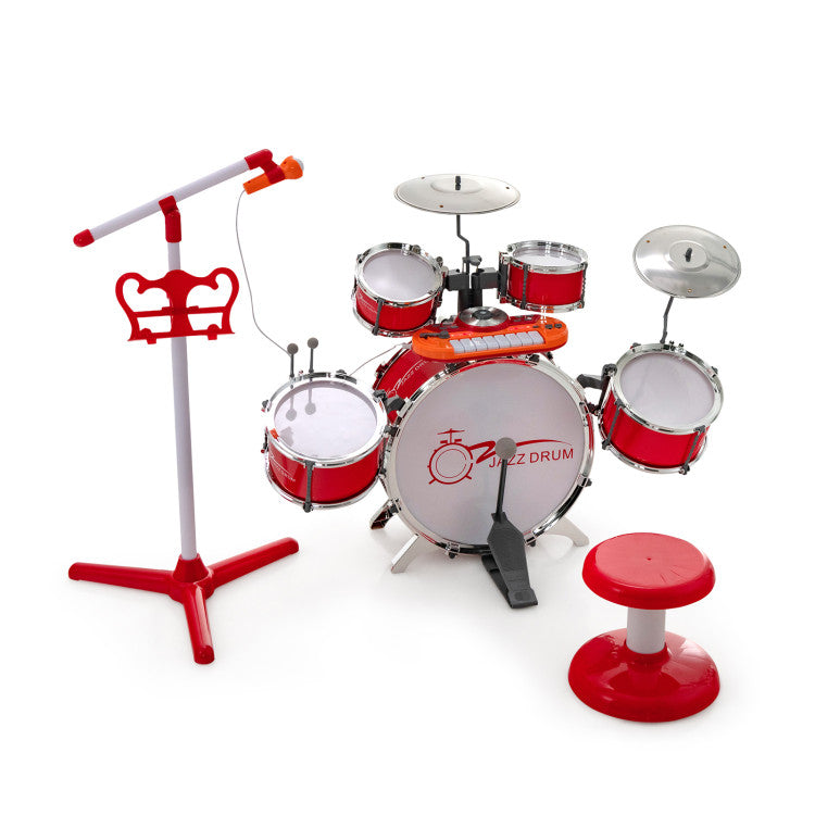 Kids Jazz Drum and Keyboard Set with Stool, Microphone Stand, and Drumsticks