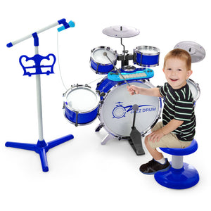 Kids Jazz Drum and Keyboard Set with Stool, Microphone Stand, and Drumsticks