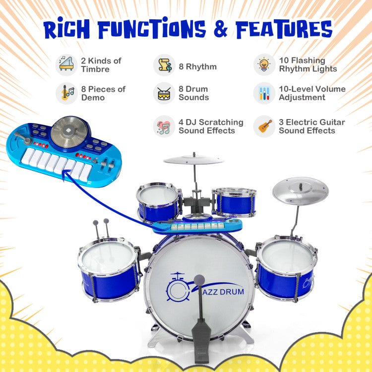 Kids Jazz Drum and Keyboard Set with Stool, Microphone Stand, and Drumsticks