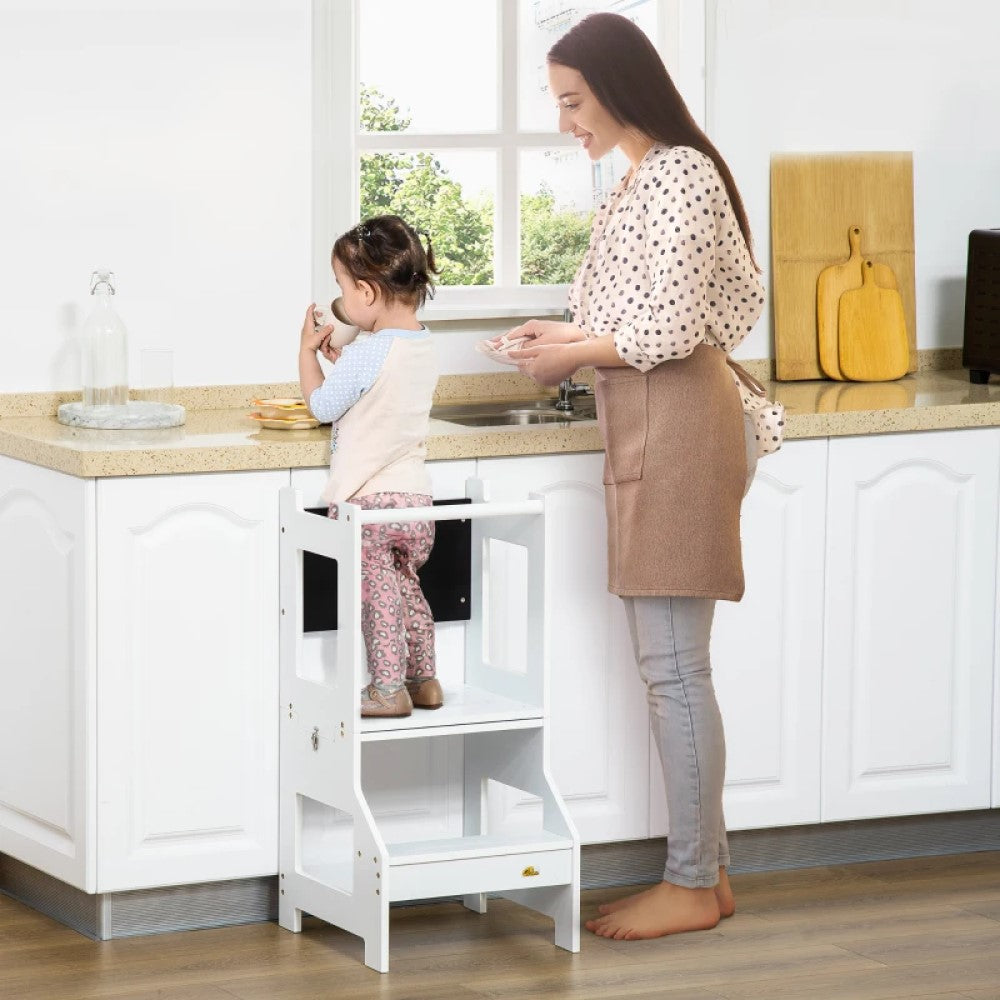 Kids Kitchen Step Stool & Table Set - 2-in-1 Toddler Standing Tower with Chalkboard & Safety Rail