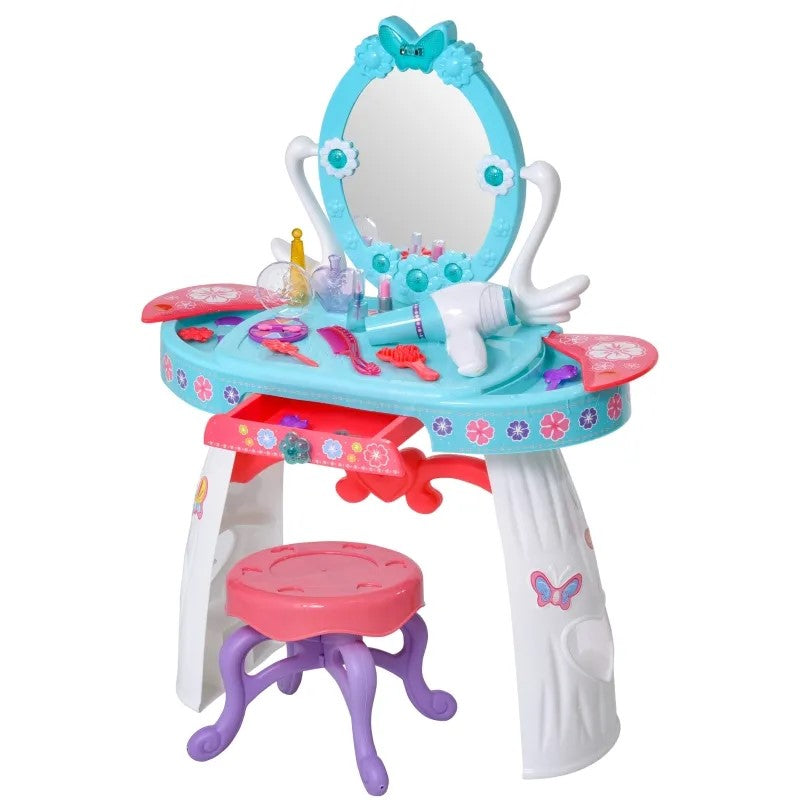 Kids Makeup Table and Chair, Vanity Set with Mirror Lights, Sounds, Accessories, Beauty Pretend Play, for 3-Year-Olds, Blue and White