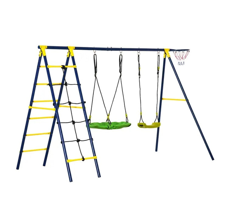 Kids Metal Swing Set with Saucer Swing, Basket Hoop, Climb Ladder & Net - Green