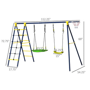 Kids Metal Swing Set with Saucer Swing, Basket Hoop, Climb Ladder & Net - Green