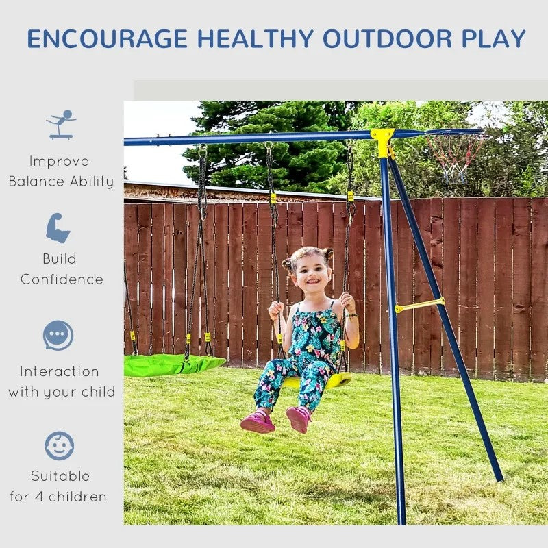 Kids Metal Swing Set with Saucer Swing, Basket Hoop, Climb Ladder & Net - Green