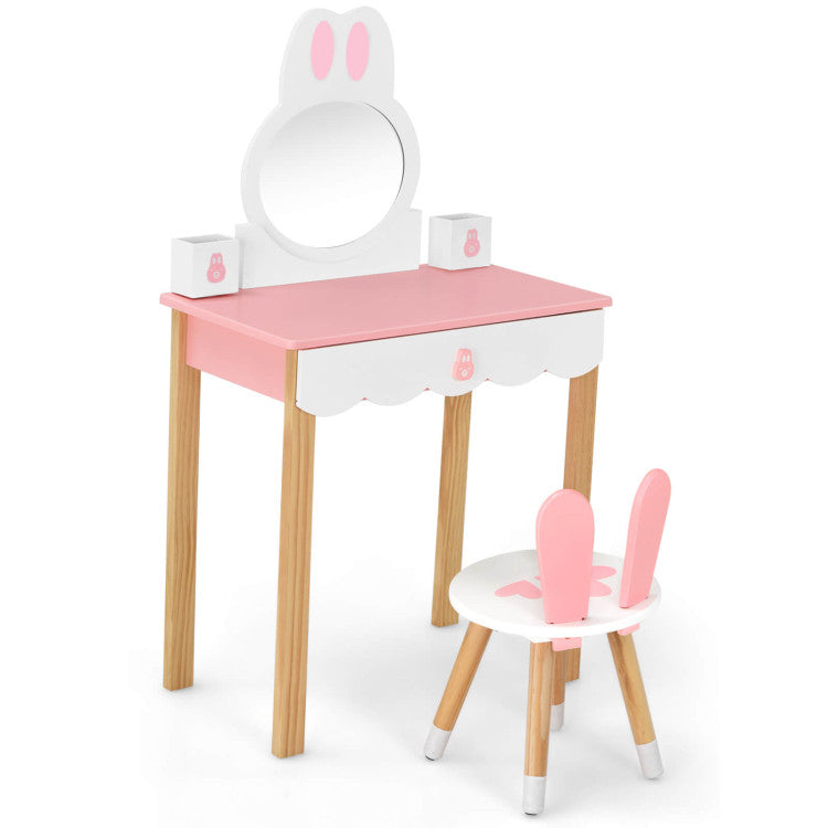 Kids Rabbit Vanity Table Set with Mirror, Chair, and Storage Drawer