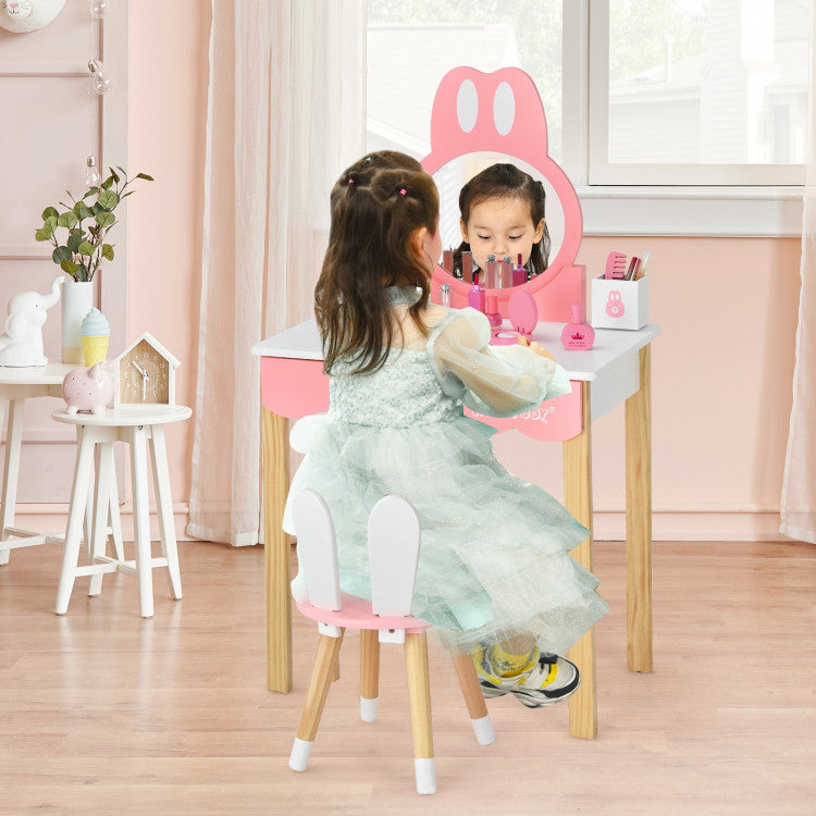 Kids Rabbit Vanity Table Set with Mirror, Chair, and Storage Drawer