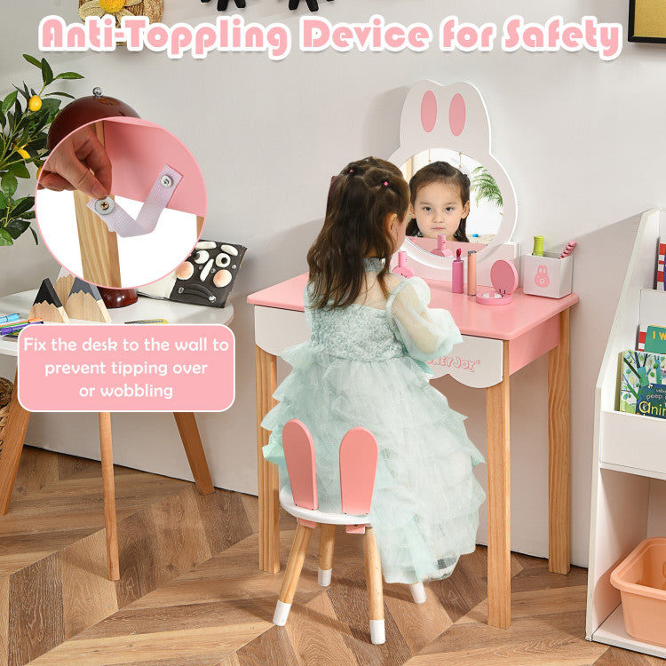 Kids Rabbit Vanity Table Set with Mirror, Chair, and Storage Drawer