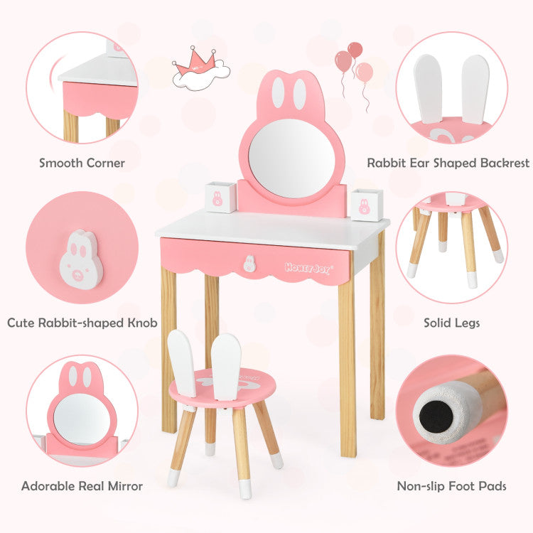 Kids Rabbit Vanity Table Set with Mirror, Chair, and Storage Drawer