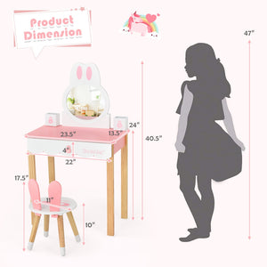 Kids Rabbit Vanity Table Set with Mirror, Chair, and Storage Drawer