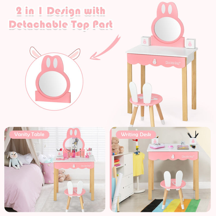 Kids Rabbit Vanity Table Set with Mirror, Chair, and Storage Drawer