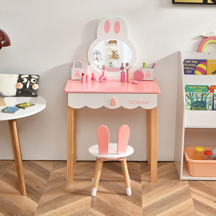 Kids Rabbit Vanity Table Set with Mirror, Chair, and Storage Drawer