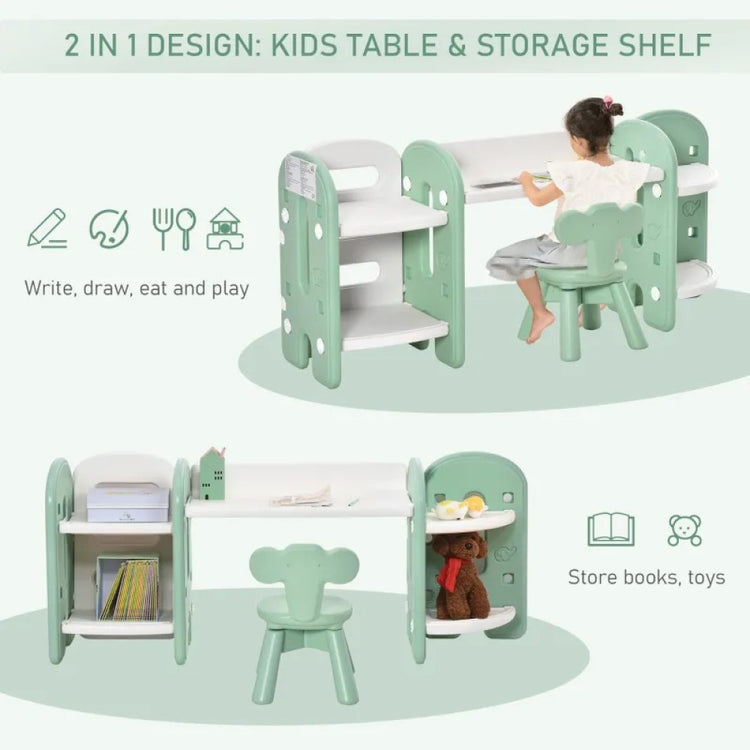 Kids Table and Chair Set with Bookshelf and Storage for Study, Art, and Crafts - Green and White