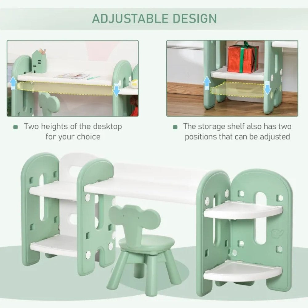 Kids Table and Chair Set with Bookshelf and Storage for Study, Art, and Crafts - Green and White