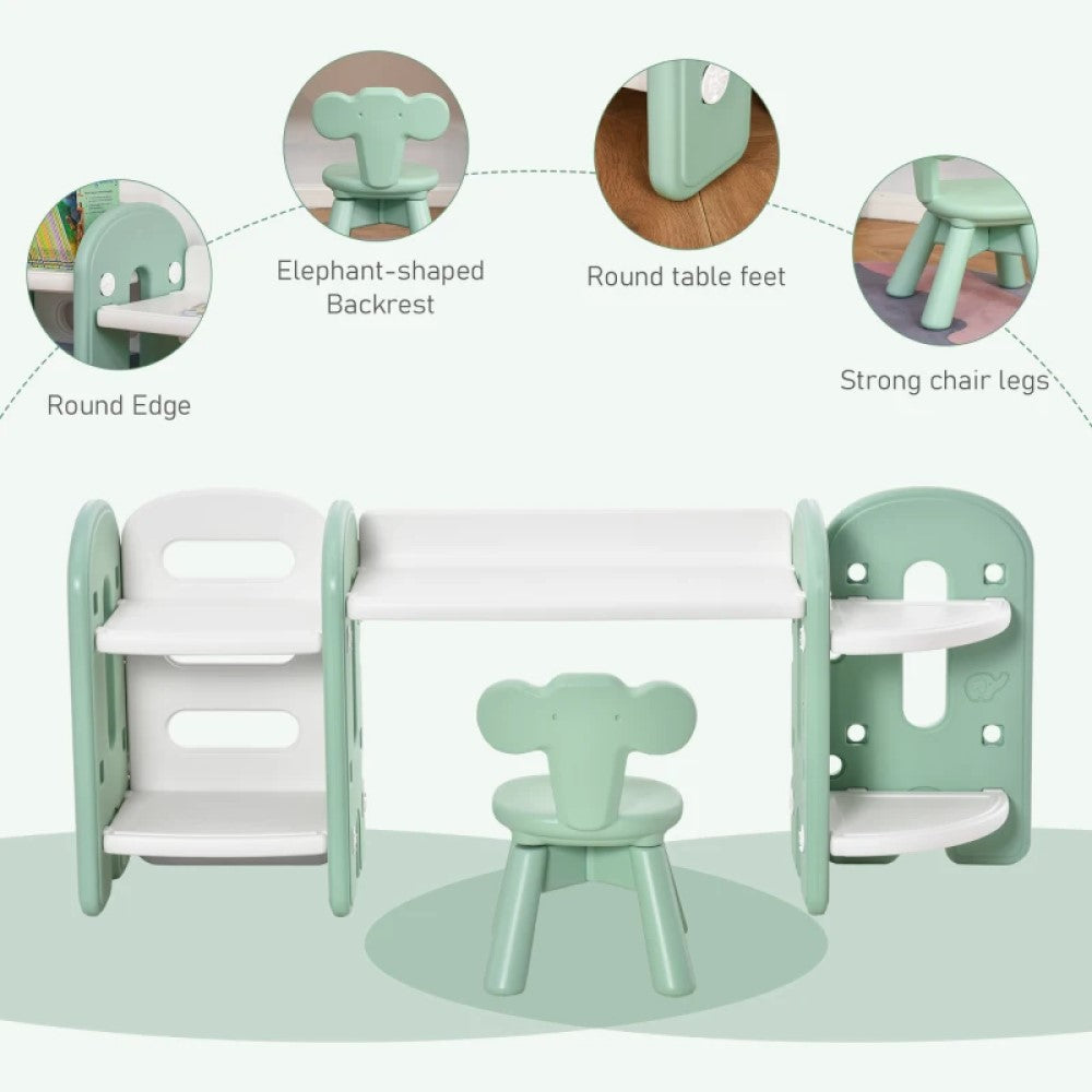 Kids Table and Chair Set with Bookshelf and Storage for Study, Art, and Crafts - Green and White