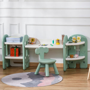 Kids Table and Chair Set with Bookshelf and Storage for Study, Art, and Crafts - Green and White