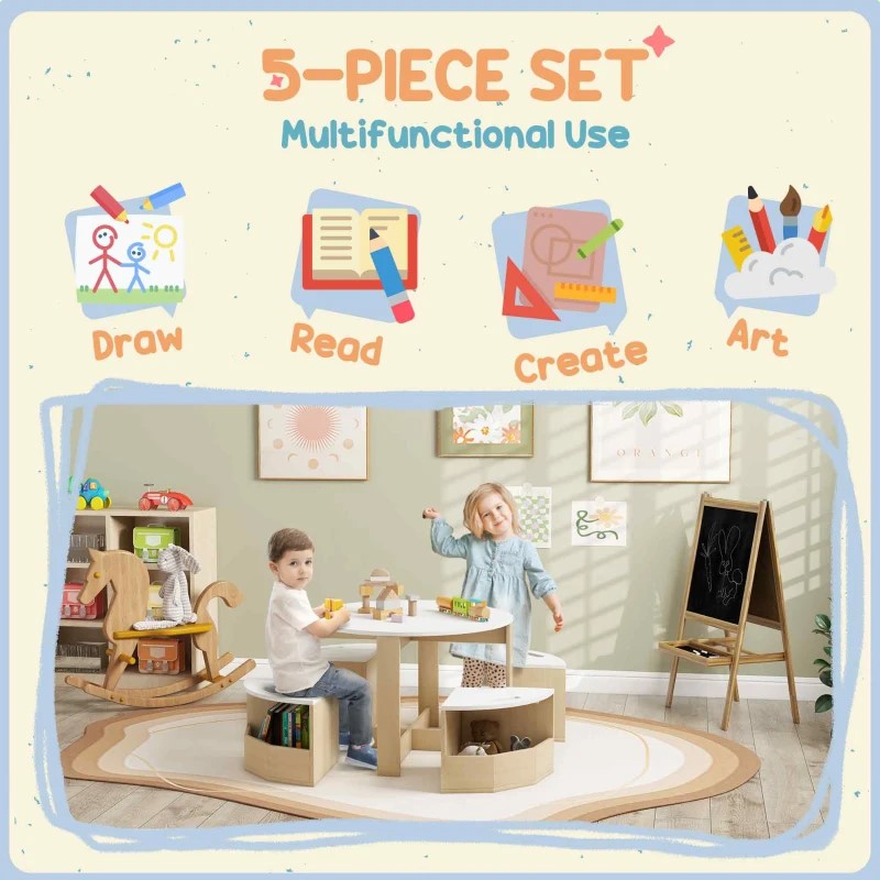 Kids Table and Chairs Set with Storage - 5 Piece Art, Craft, Drawing for Playroom & Nursery