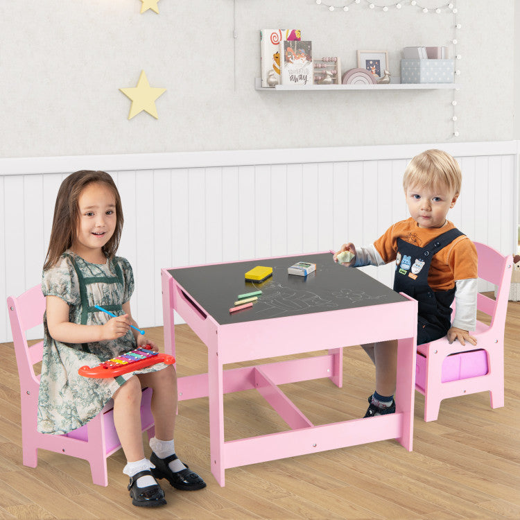 Kids Table and Chairs Set with Storage, Blackboard and Whiteboard for Drawing and Play