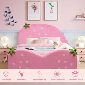 Kids Toddler Upholstered Bed with Berry Pattern - Stylish Children's Bed Frame