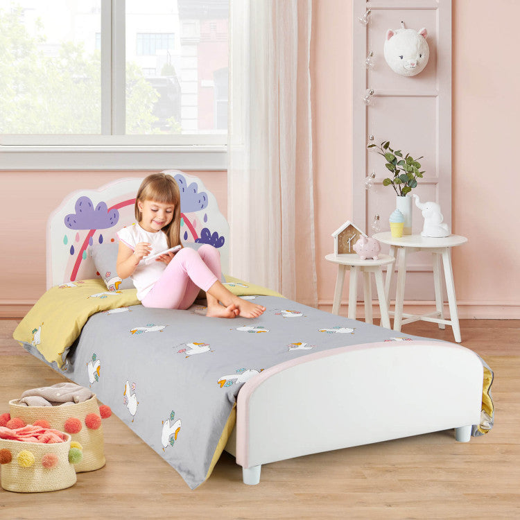 Kids Twin Size Upholstered Platform Bed with Rainbow Pattern – Wooden Frame