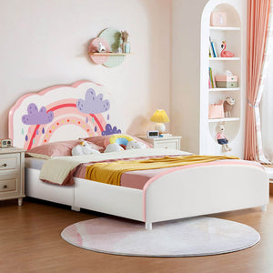 Kids Twin Size Upholstered Platform Bed with Rainbow Pattern – Wooden Frame