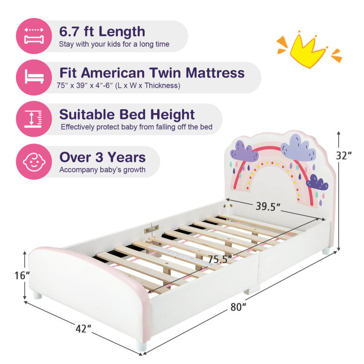 Kids Twin Size Upholstered Platform Bed with Rainbow Pattern – Wooden Frame