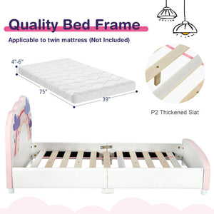 Kids Twin Size Upholstered Platform Bed with Rainbow Pattern – Wooden Frame