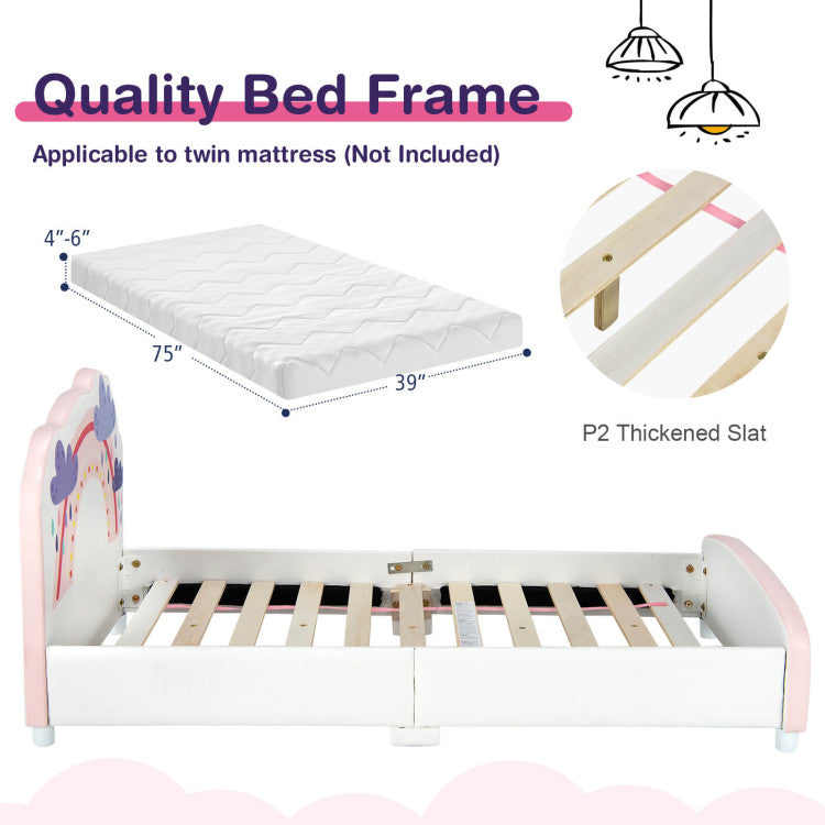 Kids Twin Size Upholstered Platform Bed with Rainbow Pattern – Wooden Frame